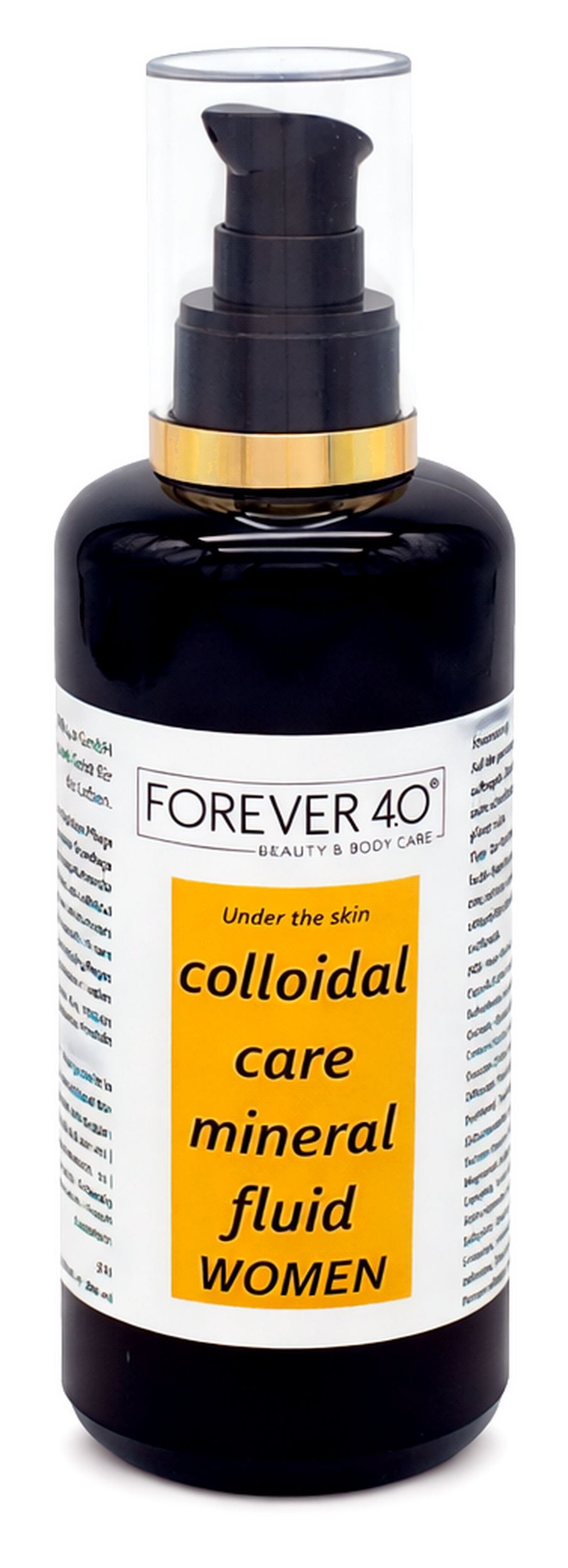 Flacon noir avec pompe. Inscription: FOREVER 4.0, colloidal care mineral fluid WOMEN. Anneau doré au col.