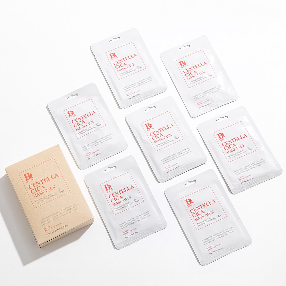 Benton Centella Cica Mask Pack : une boîte et sept masques individuels.