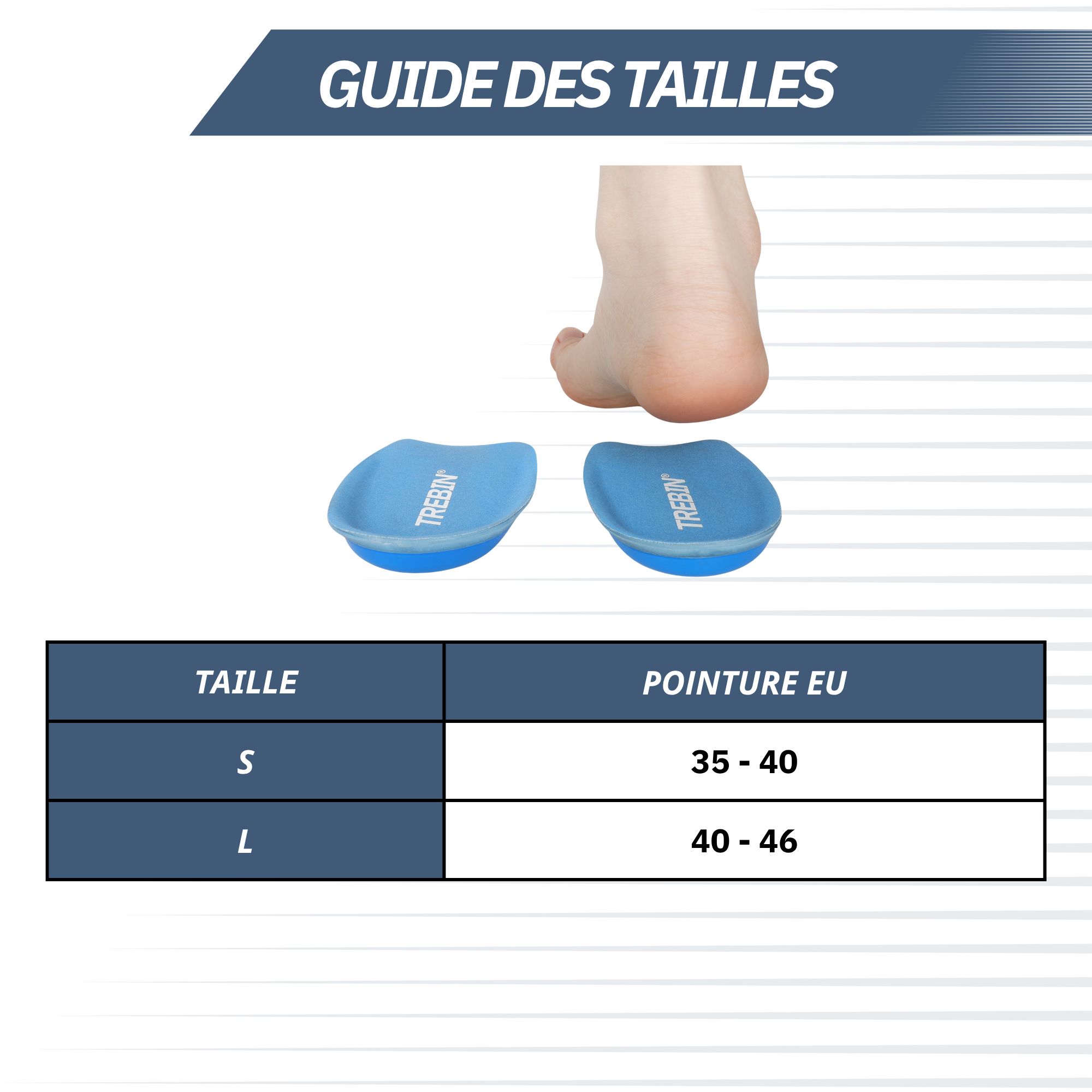 Tableau des tailles pour semelles : taille S (35-40) et L (40-46).