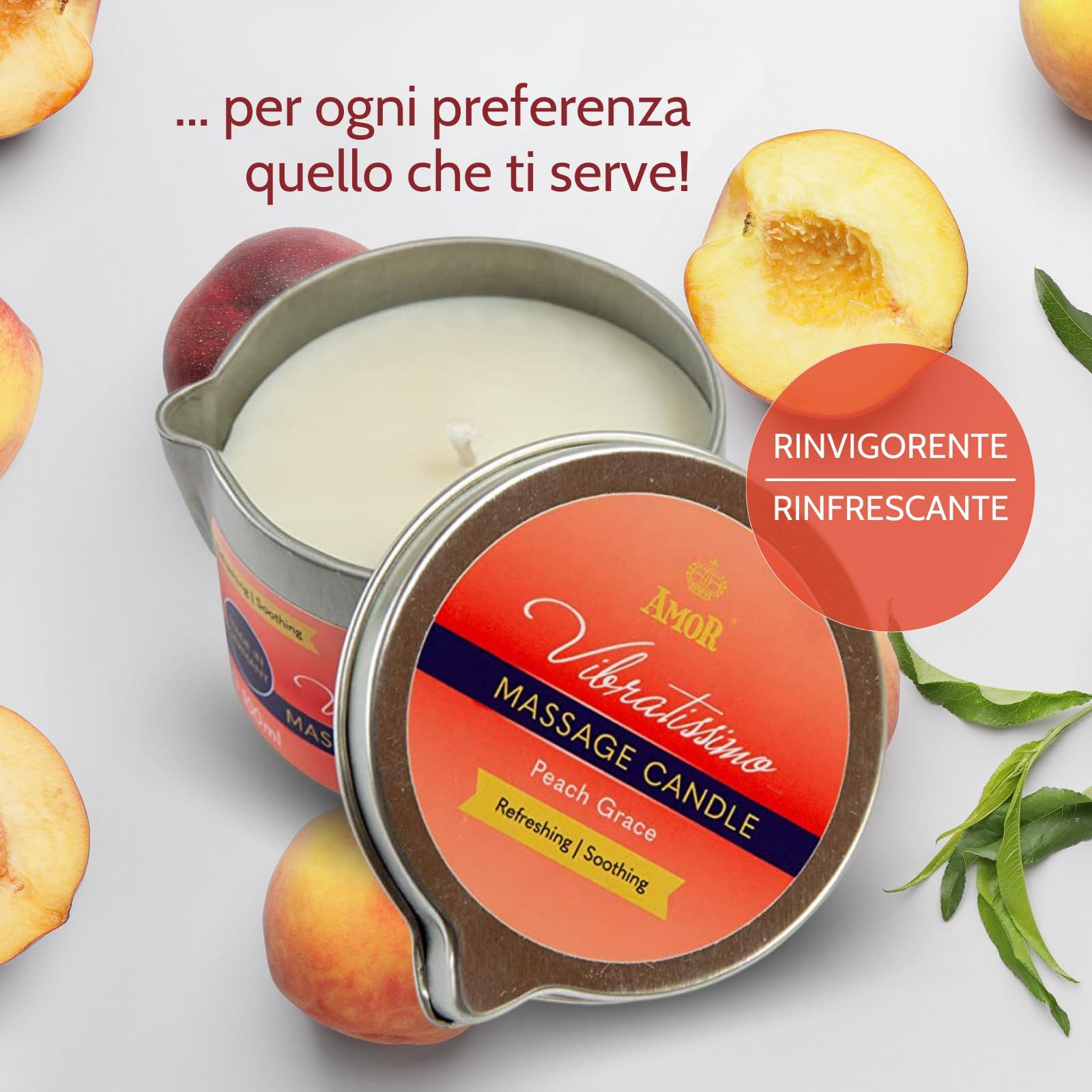 Bougie de massage Vibratissimo Peach Grace en boîte métallique avec des pêches.