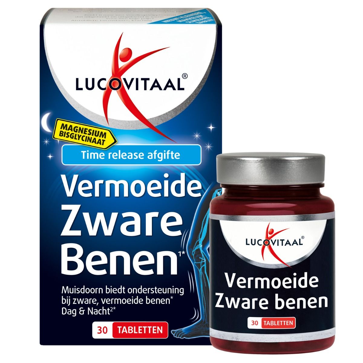 Lucovitaal Magnesium voor vermoeide, zware benen. Productverpakking en tablettenfles naast elkaar. Beide tonen productnaam en logo.