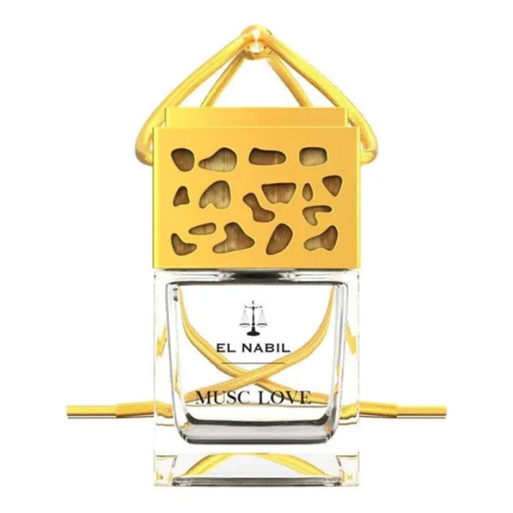 Flacon carré en verre avec couvercle doré. Inscription : EL NABIL, MUSC LOVE. Suspension dorée.