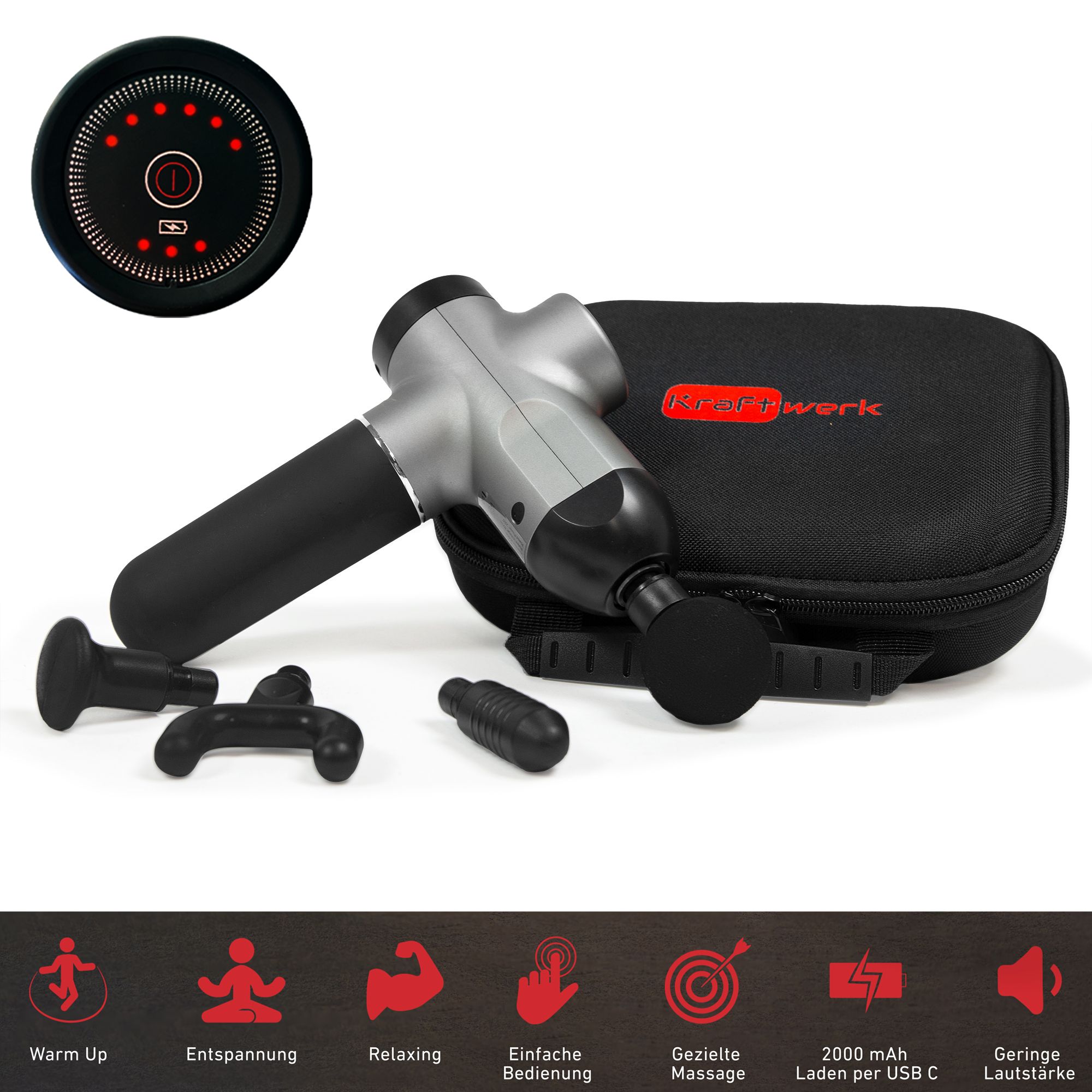 Grijze massagepistool met accessoires en zwarte tas. Op de pistool is een bedieningspaneel met rode lampjes te zien.