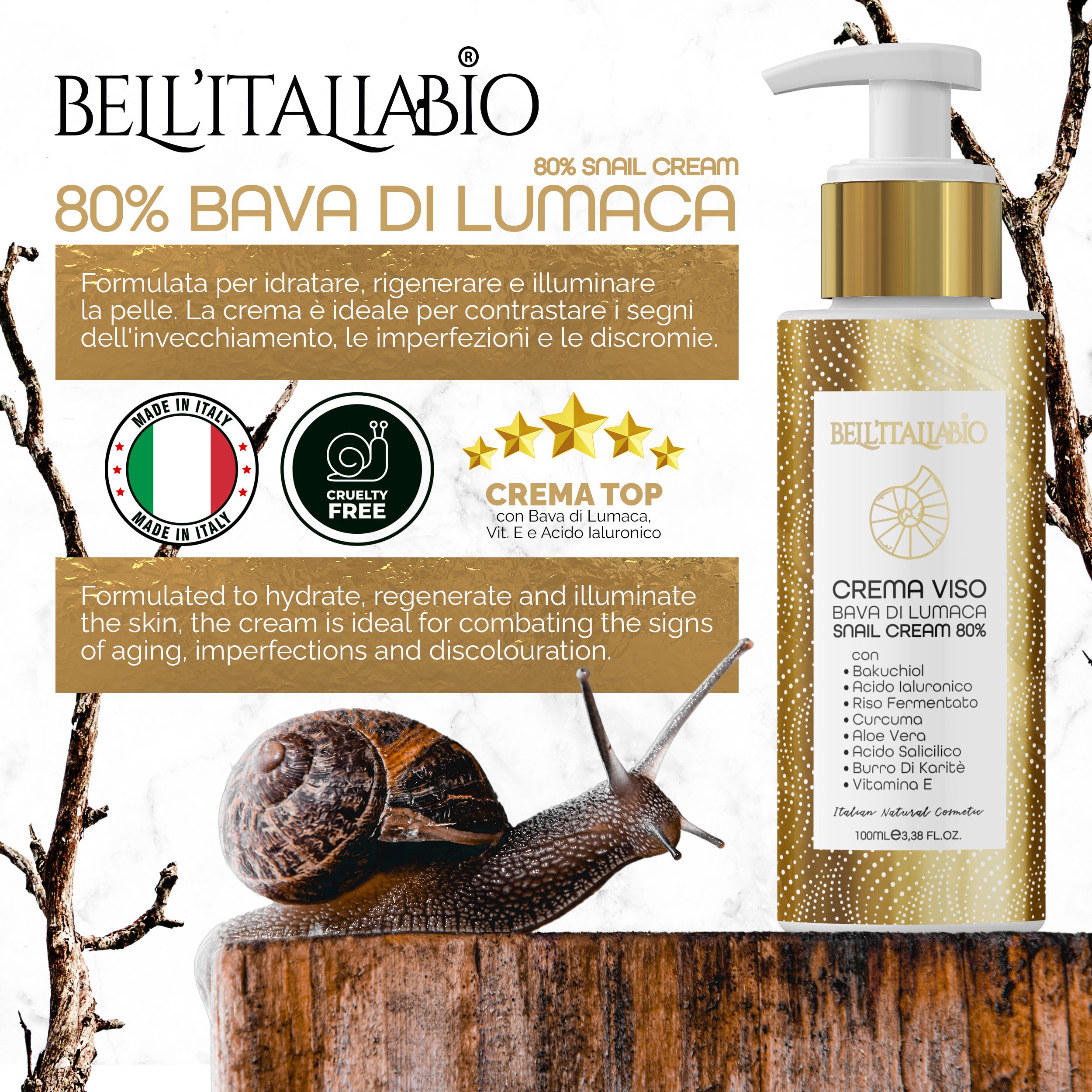 Crèmefles met pomp. Gouden dop, witte pompkop. Tekst: BellItaliabio, Crema Viso, Bava di Lumaca, 80%. Slak.