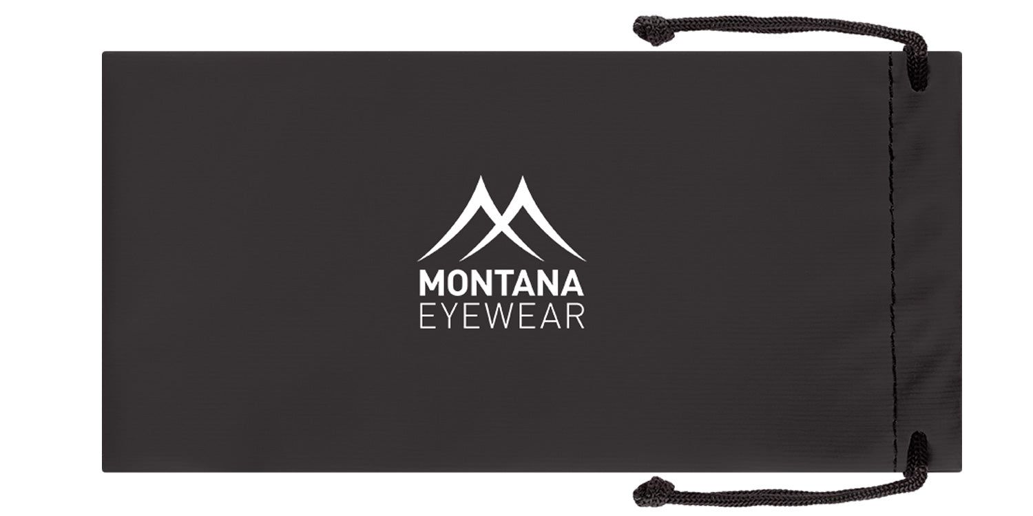 Étui à lunettes noir avec logo blanc et texte "MONTANA EYEWEAR". Fermeture à cordon.