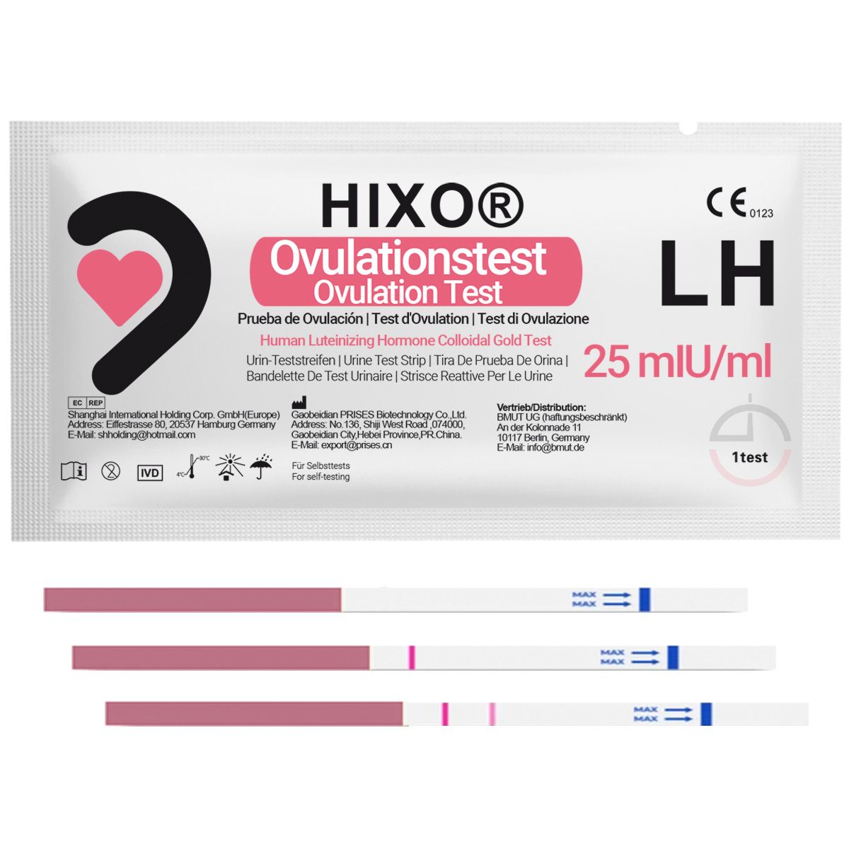 Ovulatieteststrips en verpakking. Merk HIXO, LH 25 mIU/ml. Individueel verpakt. Roze strips met blauwe en roze lijnen.