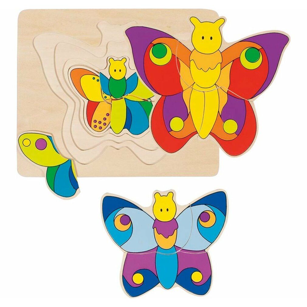 Puzzle en bois à trois couches avec trois papillons colorés. Un papillon est partiellement retiré du puzzle.