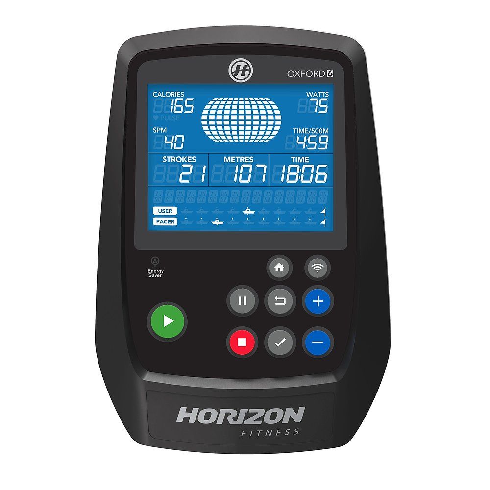 Zwart bedieningspaneel met display. Toont calorieën, watt, SPM, slagen, meters en tijd. Horizon Fitness logo onderaan.
