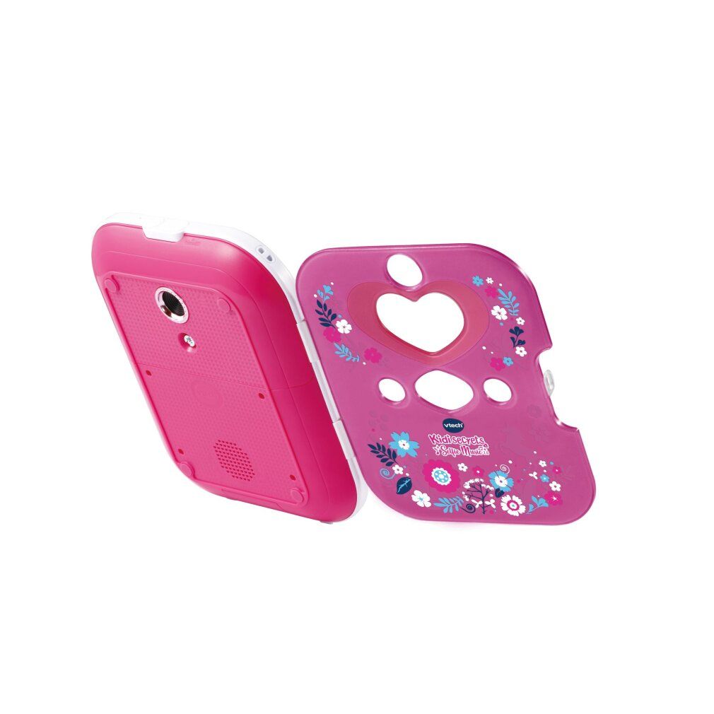 Journal VTech Kidisecrets Selfie Music 2.0 rose ouvert avec motif floral, avant et arrière.