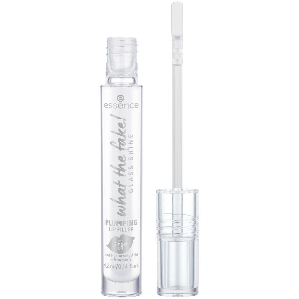 Lipglosstube met applicator. Opschrift: What the Fake! Glass Shine. Plumping Lip Filler. Merk Essence.