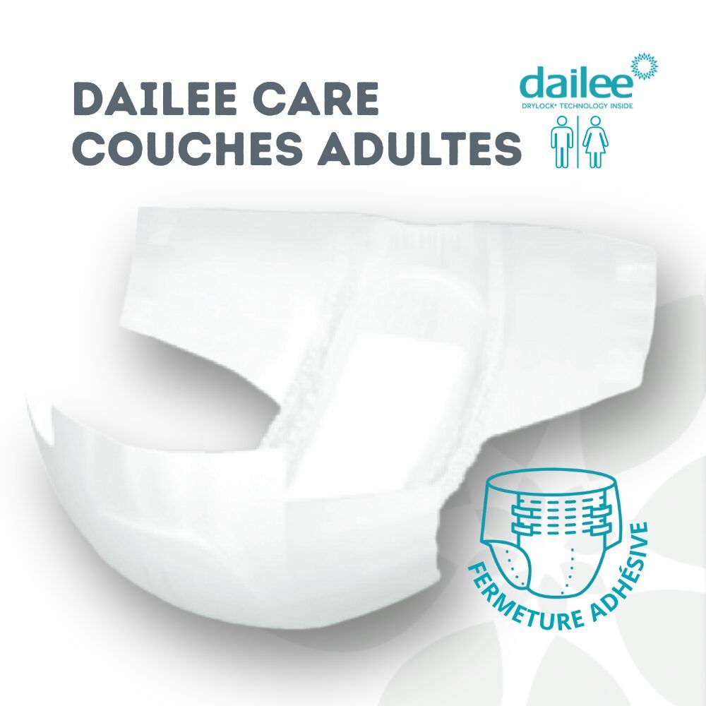 Dailee Care Slip Maxi : couche pour adulte blanche avec fermeture adhésive et indicateur d'humidité.