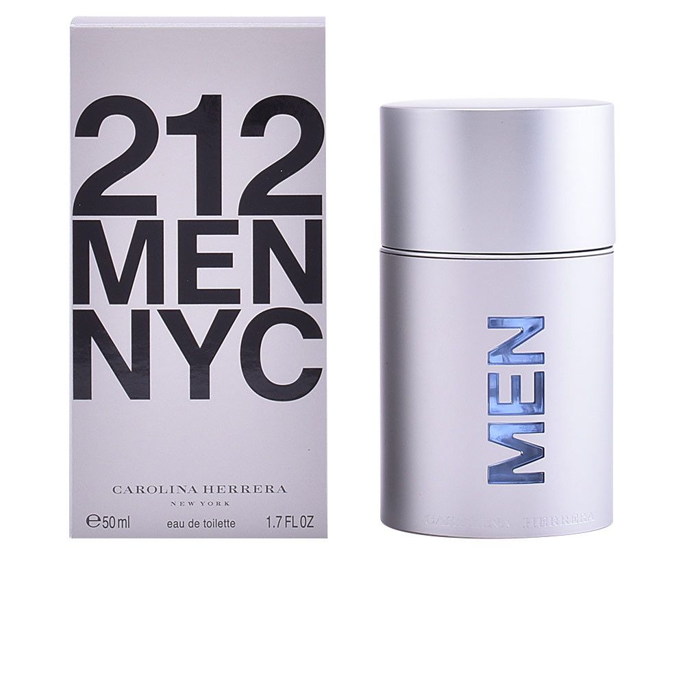 Flacon de parfum et emballage. L'emballage porte la mention "212 MEN NYC" et "Carolina Herrera". Le flacon affiche "MEN" en bleu.
