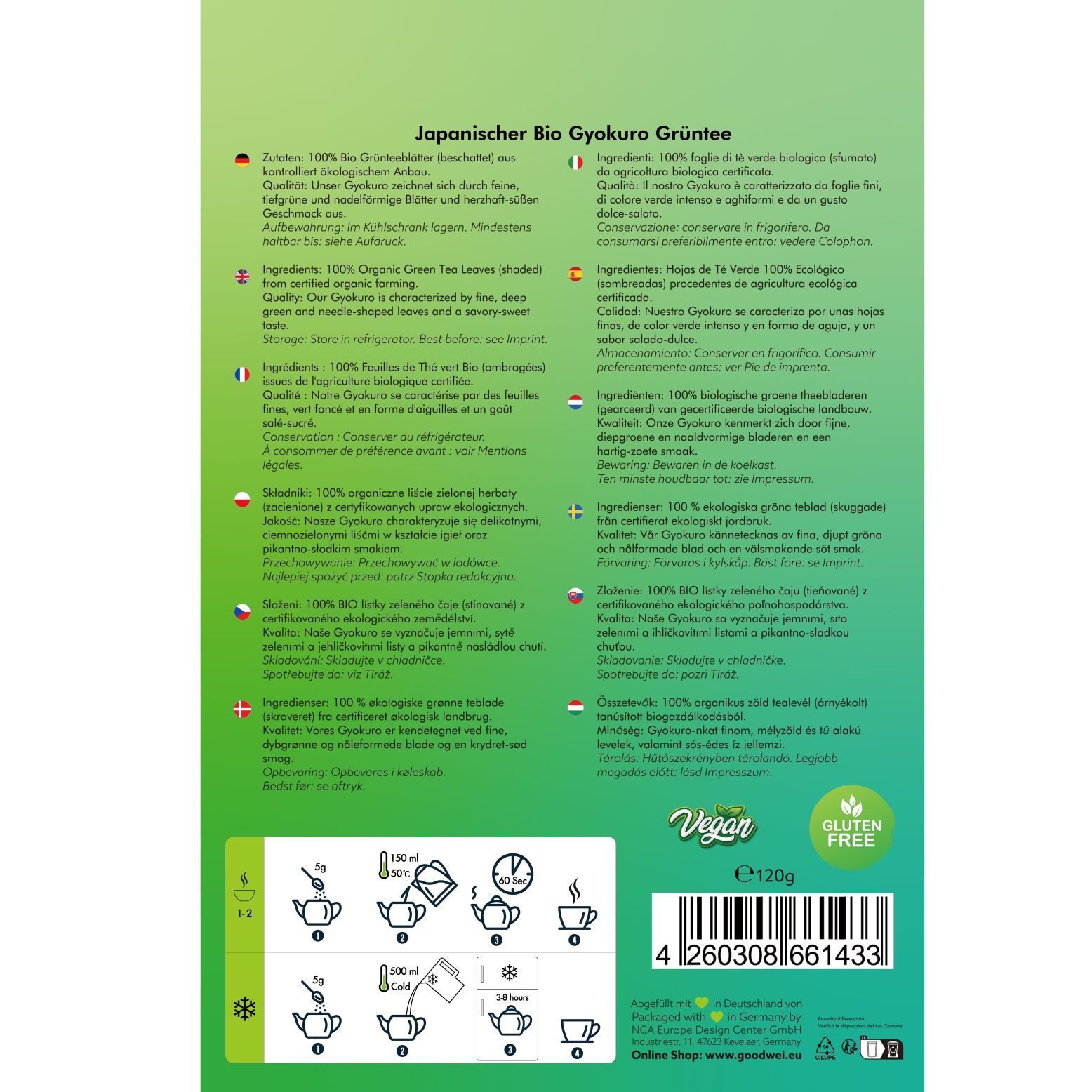 Achterkant van de Goodwei Bio Gyokuro groene thee verpakking. Meertalige tekst, bereidingsinstructies, bio-label.