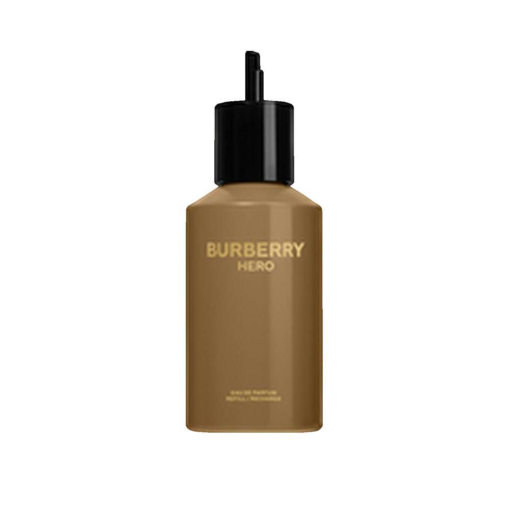Recharge Burberry Hero Eau de Parfum. Flacon marron avec bouchon noir. Inscription dorée.