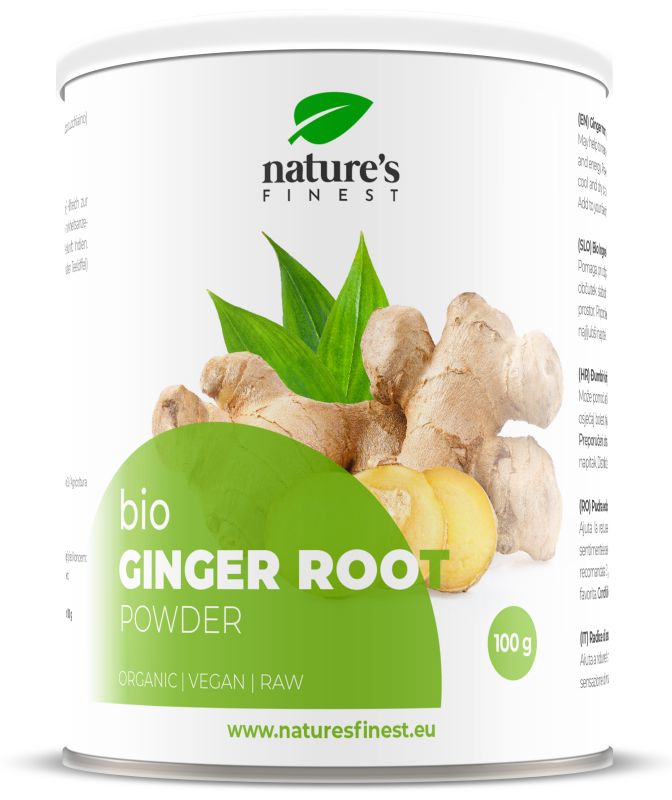Witte verpakking met "Nature's Finest" logo. Opschrift: "Bio Ginger Root Powder". 100g. Gember afbeelding.