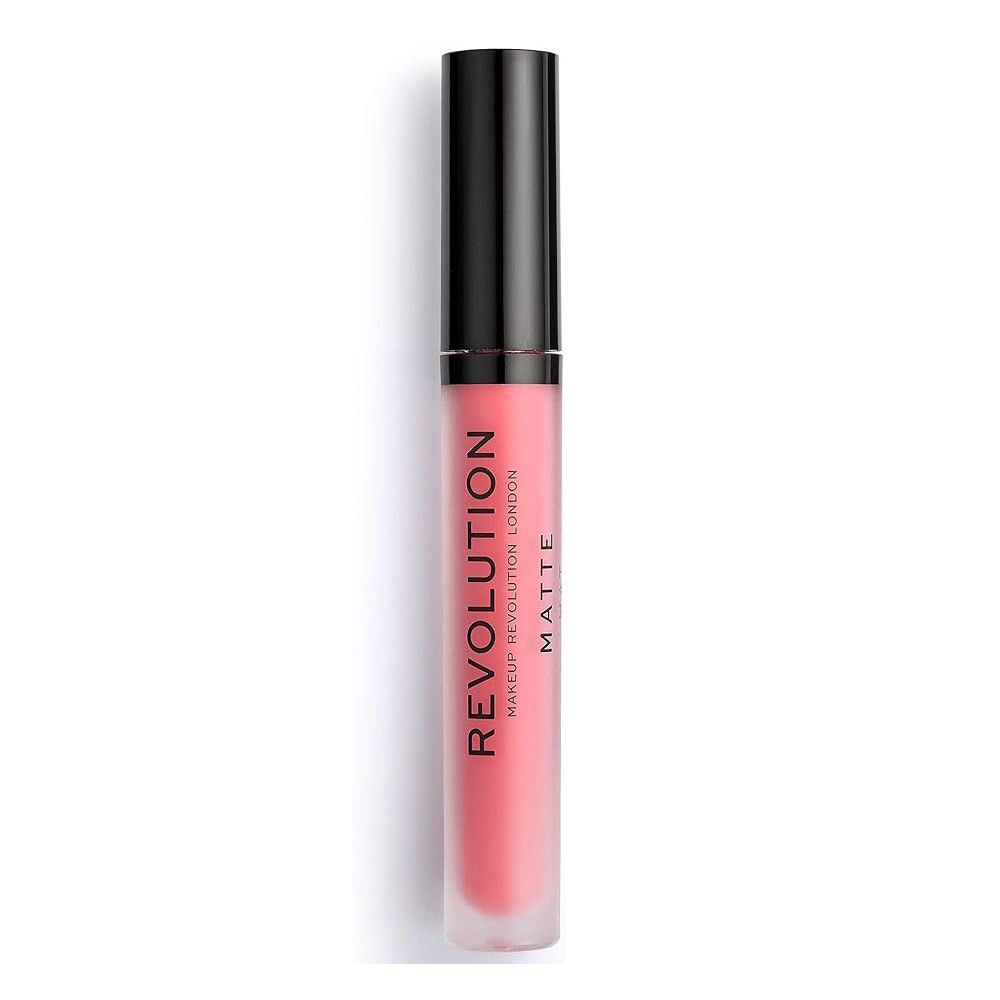 Flacon de gloss rose avec bouchon noir. Inscription: REVOLUTION MATTE.