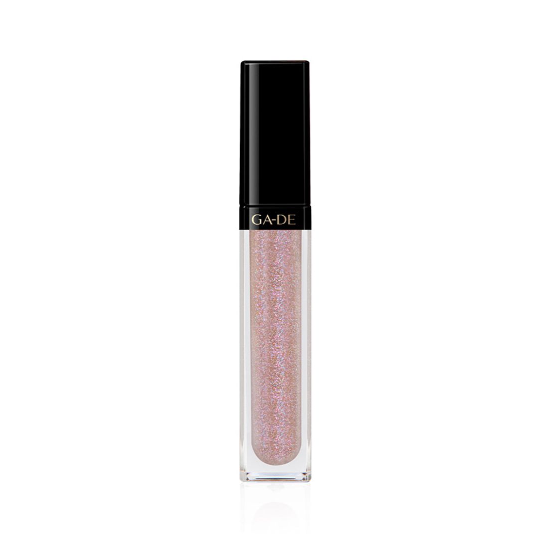 Ga-De Crystal Lights Lipgloss. Transparante tube met roze glitter. Zwarte dop met Ga-De logo. Op witte achtergrond.