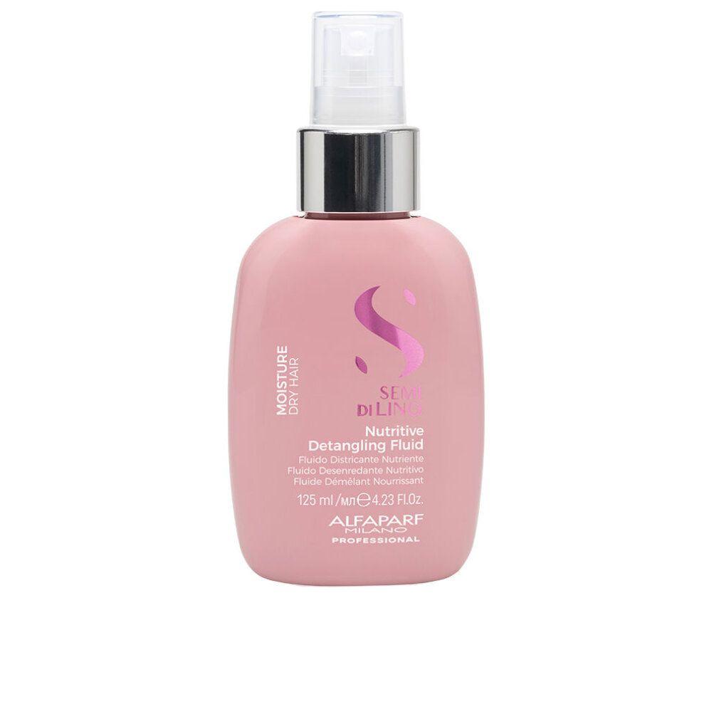 Flacon rose avec vaporisateur. Inscription : Semi di Lino, Detangling Fluid, 125 ml. Marque : Alfaparf Milano.