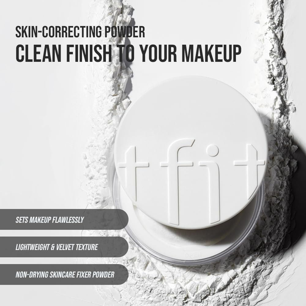 Tekst: 'Huidcorrigerend poeder'. Tekst: 'Schone finish voor je make-up'. Tekst over make-up fixatie.