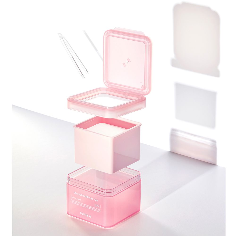 Trois parties de la boîte rose, pince à épiler à côté. Tampons visibles.