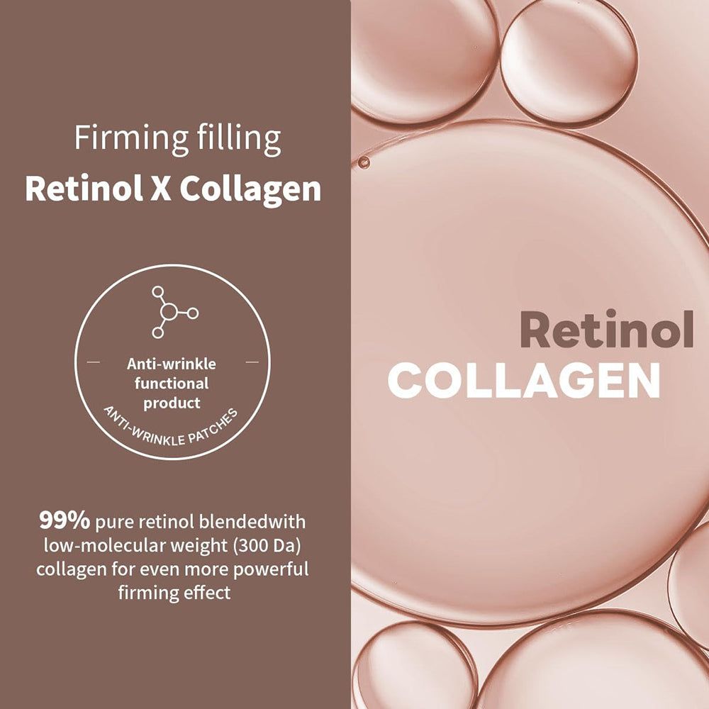 Tekst met "Retinol X Collagen" en "Anti-Wrinkle Patches". Afbeelding van vloeistofdruppels.