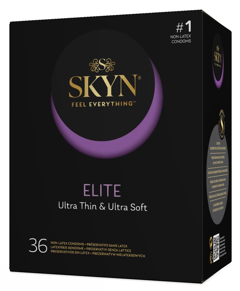 Zwarte verpakking SKYN Elite, Ultra Thin & Ultra Soft. 36 condooms. Niet-latex.