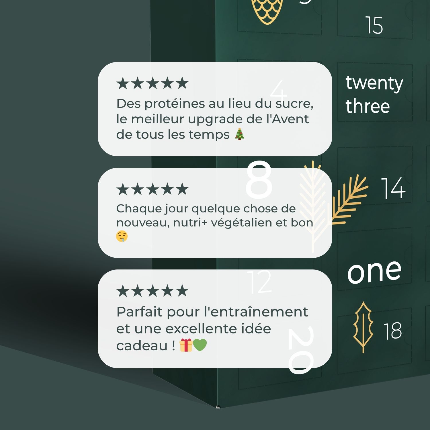 Calendrier de l'Avent vert foncé avec des chiffres et des décorations dorées. Le logo Nutri+ est visible.