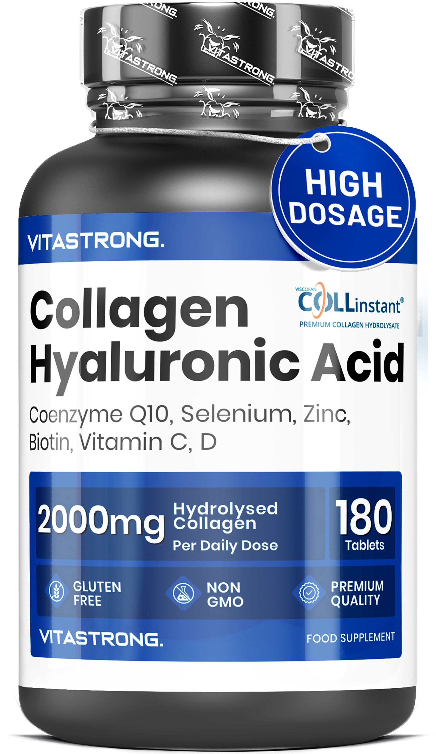 Vitastrong Kollagen Hyaluronsäure, 180 comprimés. Flacon noir, étiquette bleue. Dosage élevé.
