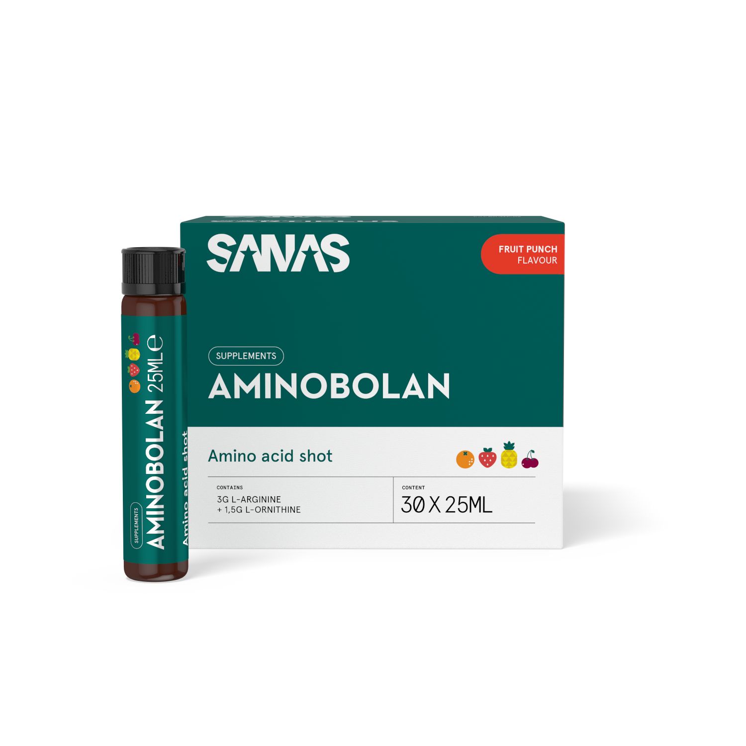Sanas Aminobolan : Un paquet de 30x 25ml de shots d'acides aminés saveur fruit.