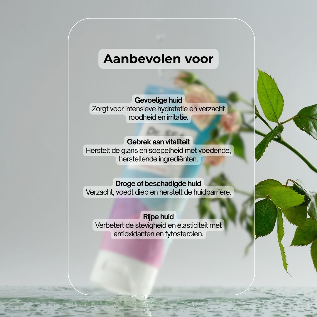 Crèmetube met tekst en diagram. Opschrift: Ultra Hydrating Body Cream, Damask Rose. Merk: Dr. SEA.
