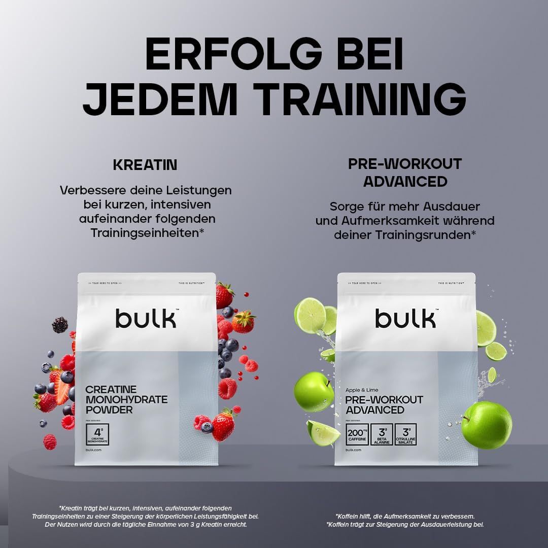 Deux sacs de créatine monohydrate et Pre-Workout Advanced. Texte : Succès à chaque entraînement.