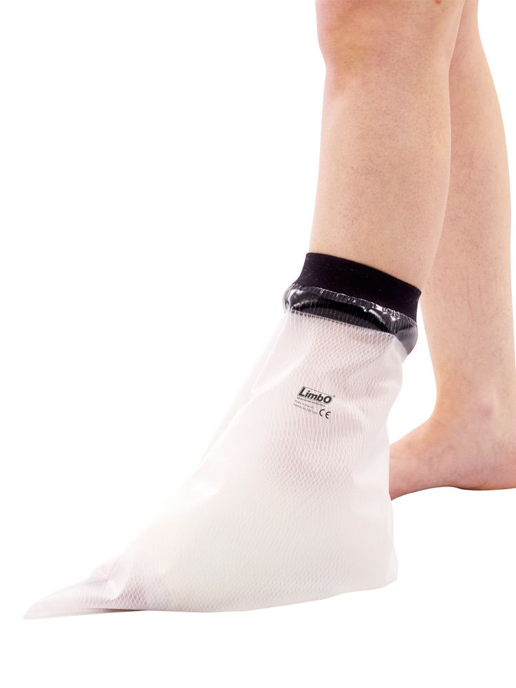 Voetbeschermer voor gips. Transparante, witte hoes met zwarte rand. Merk Limbo. CE-markering.