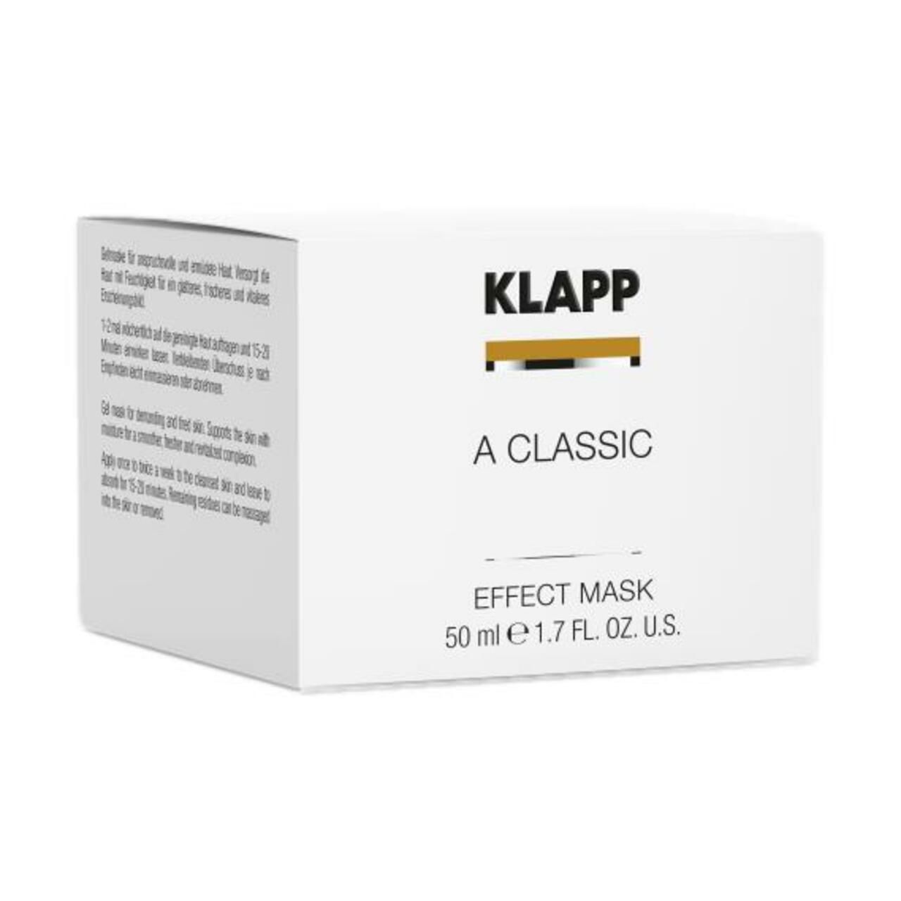 Witte verpakking met "KLAPP A Classic Effect Mask". Bevat 50 ml.