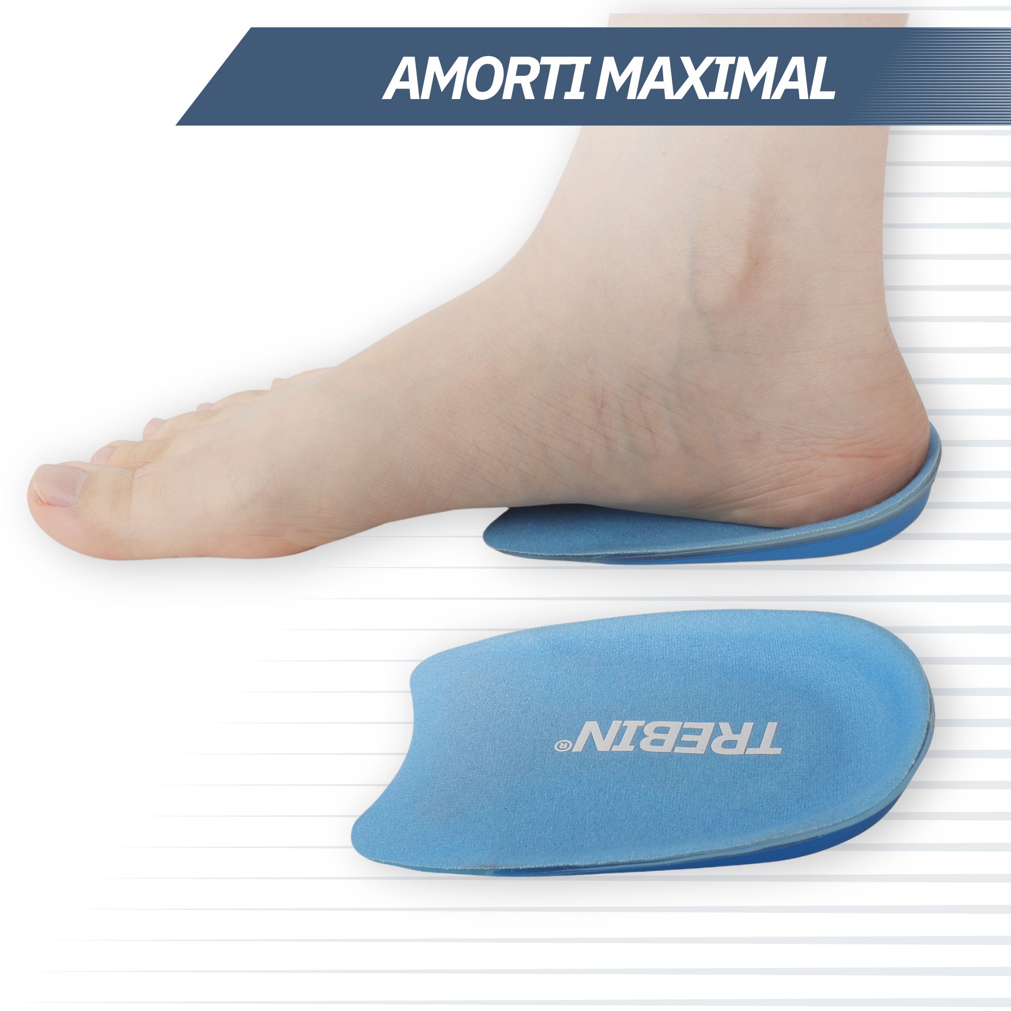 Semelle intérieure bleue avec insert en gel pour un amorti maximal, portant la marque 'TREBIN'.