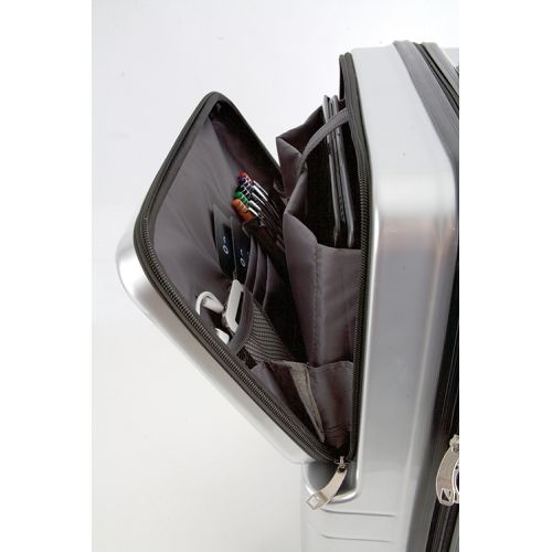 Detail van de binnenkant van de trolley. Meerdere compartimenten met pennen en andere items. Ritssluiting.