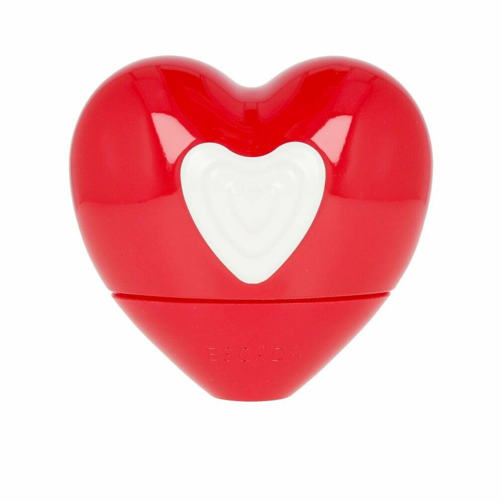 Flacon rouge en forme de cœur avec un détail en forme de cœur blanc. Base arrondie.