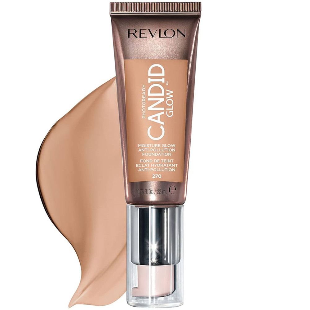 Revlon PhotoReady Candid Glow Foundation. Tube met product en kleurstaal. Tekst: Candid Glow, Anti-vervuiling.