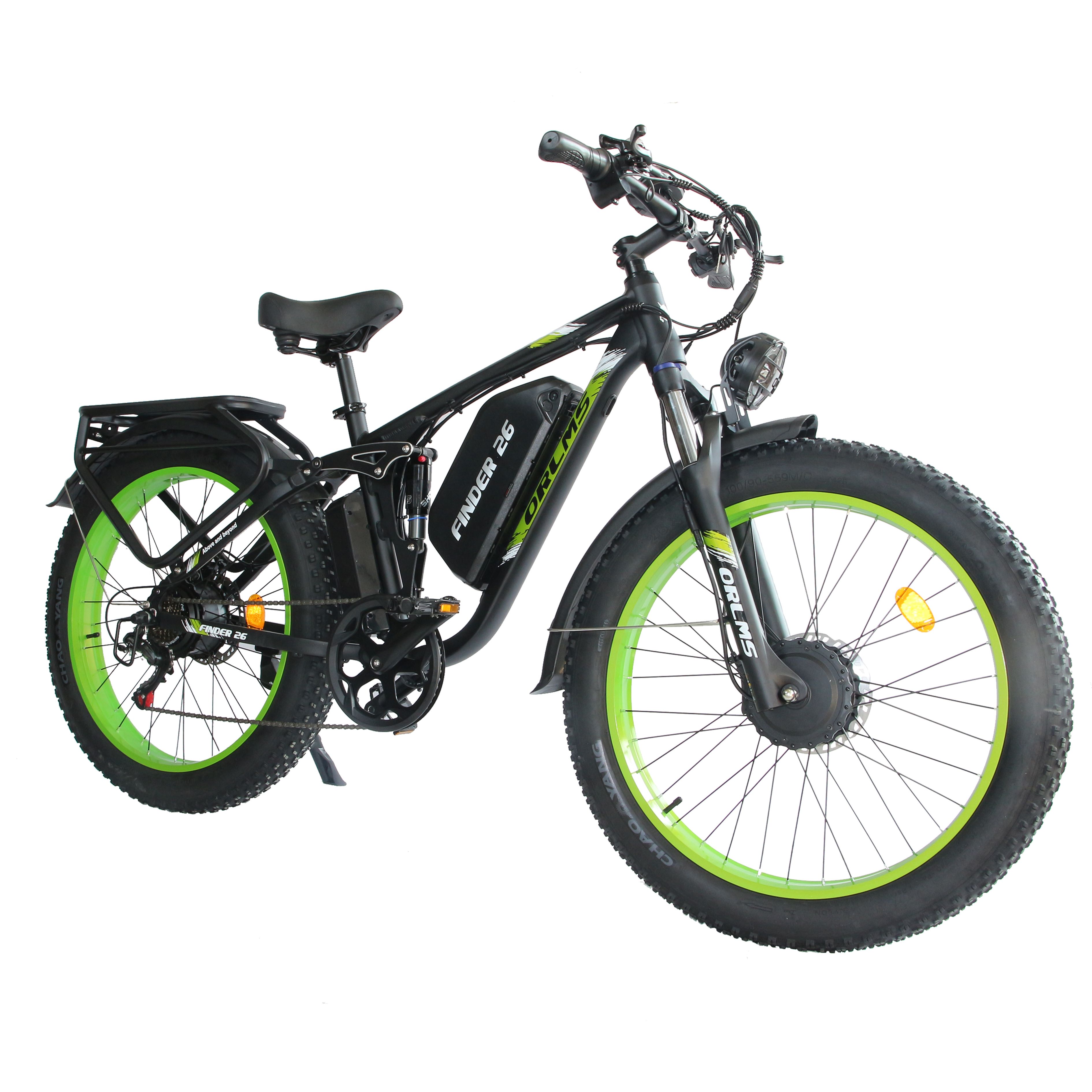 VTT électrique ORLMS Finder 26. Noir, jantes vertes. Batterie sur cadre. Porte-bagages. Phare.