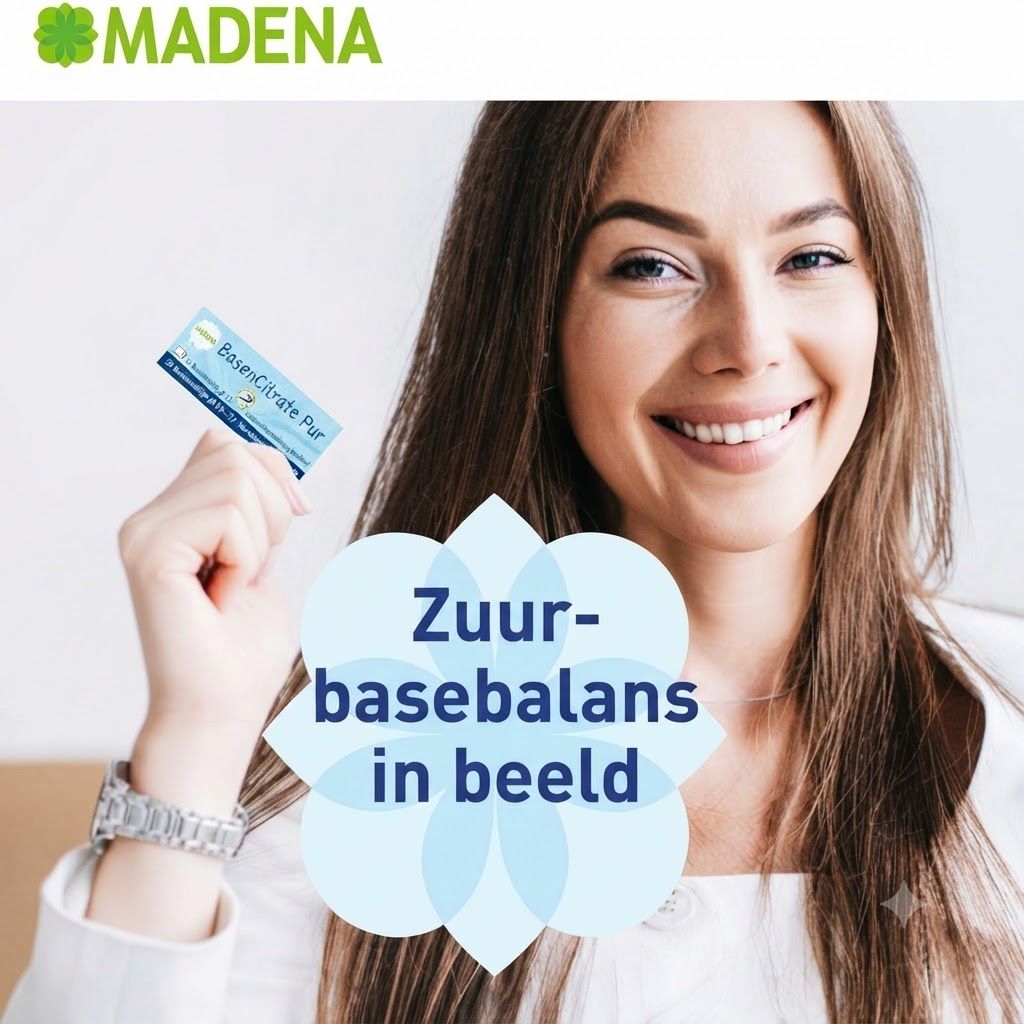 Vrouw houdt MADENA BasenCitrate Pur teststrips vast. Tekst: Zuur-basebalans in beeld.