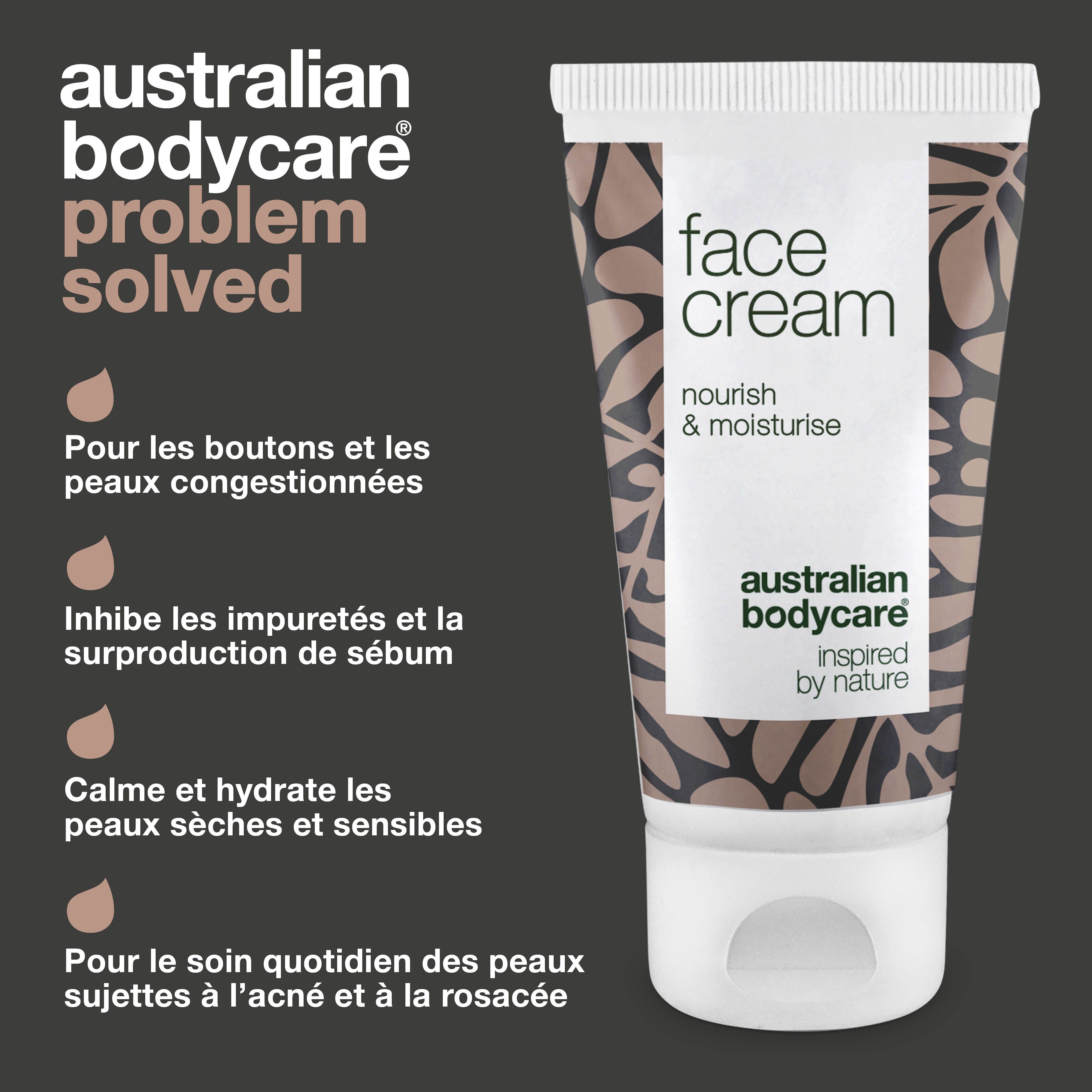 Visage avec boutons. Tube avec texte : face cream. Marque : Australian Bodycare. À côté : crème.