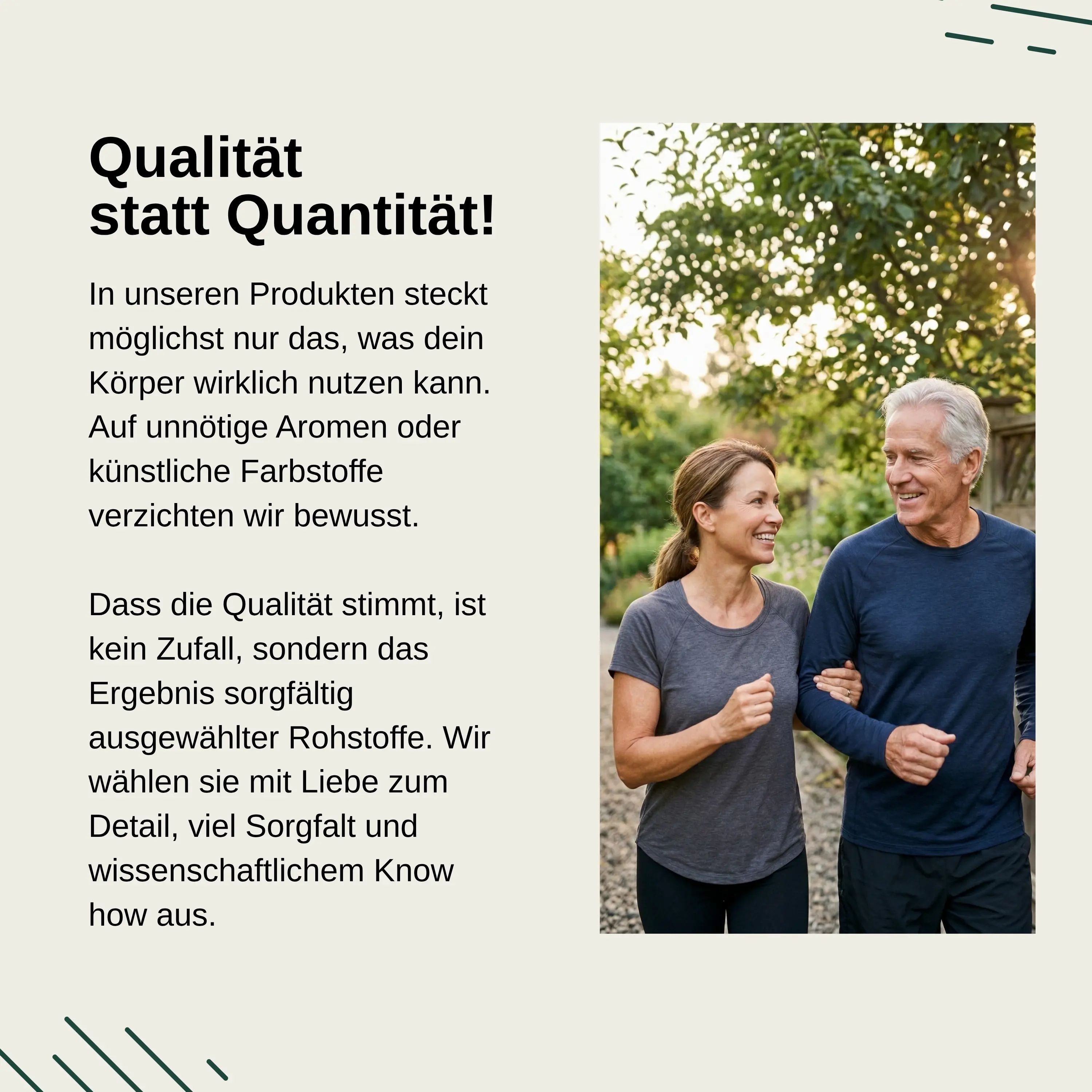 Un couple âgé marche souriant à l'extérieur. Le texte souligne la qualité plutôt que la quantité des compléments.