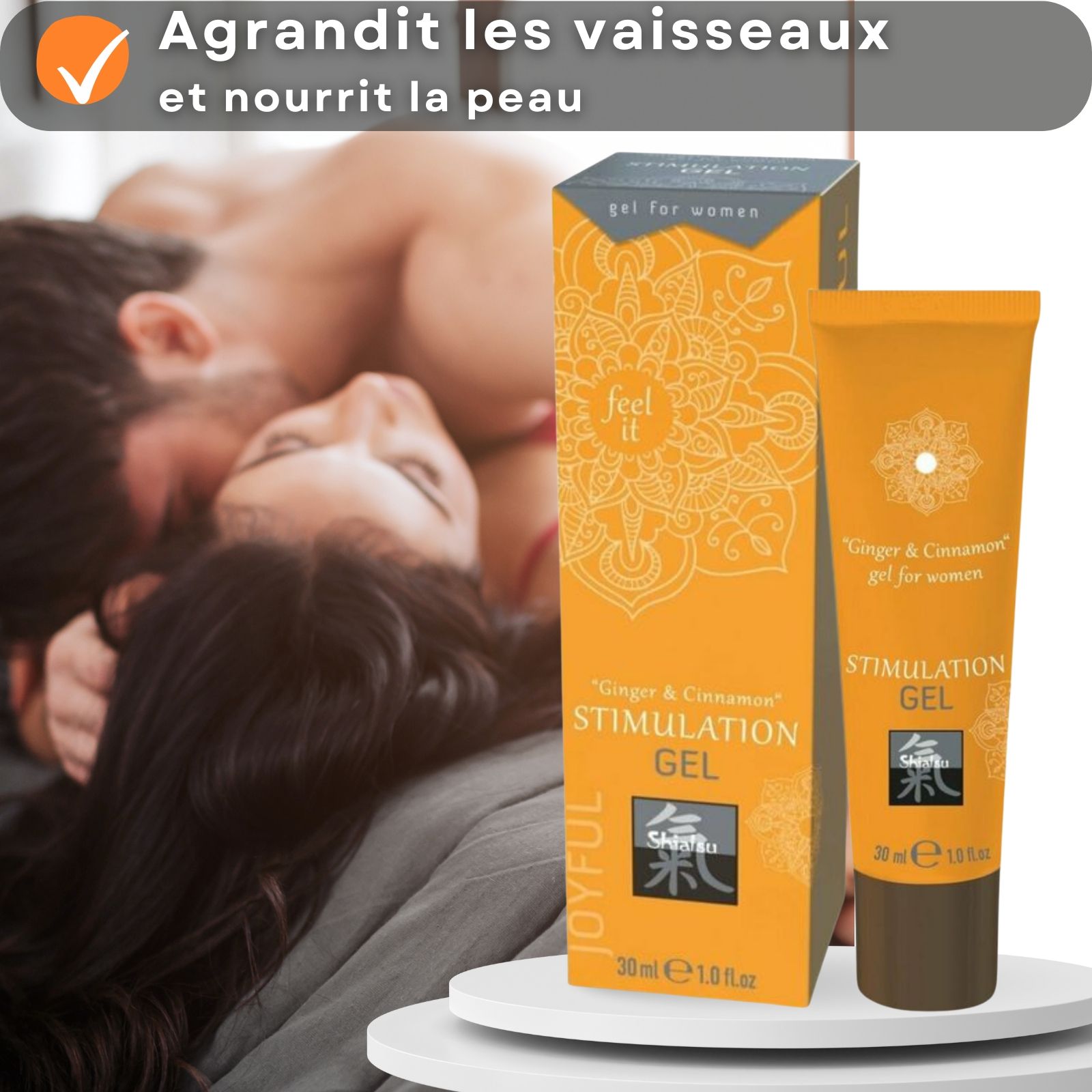 Emballage produit avec texte. Boîte et tube orange. Contient 30ml. Marque : Shiatsu.