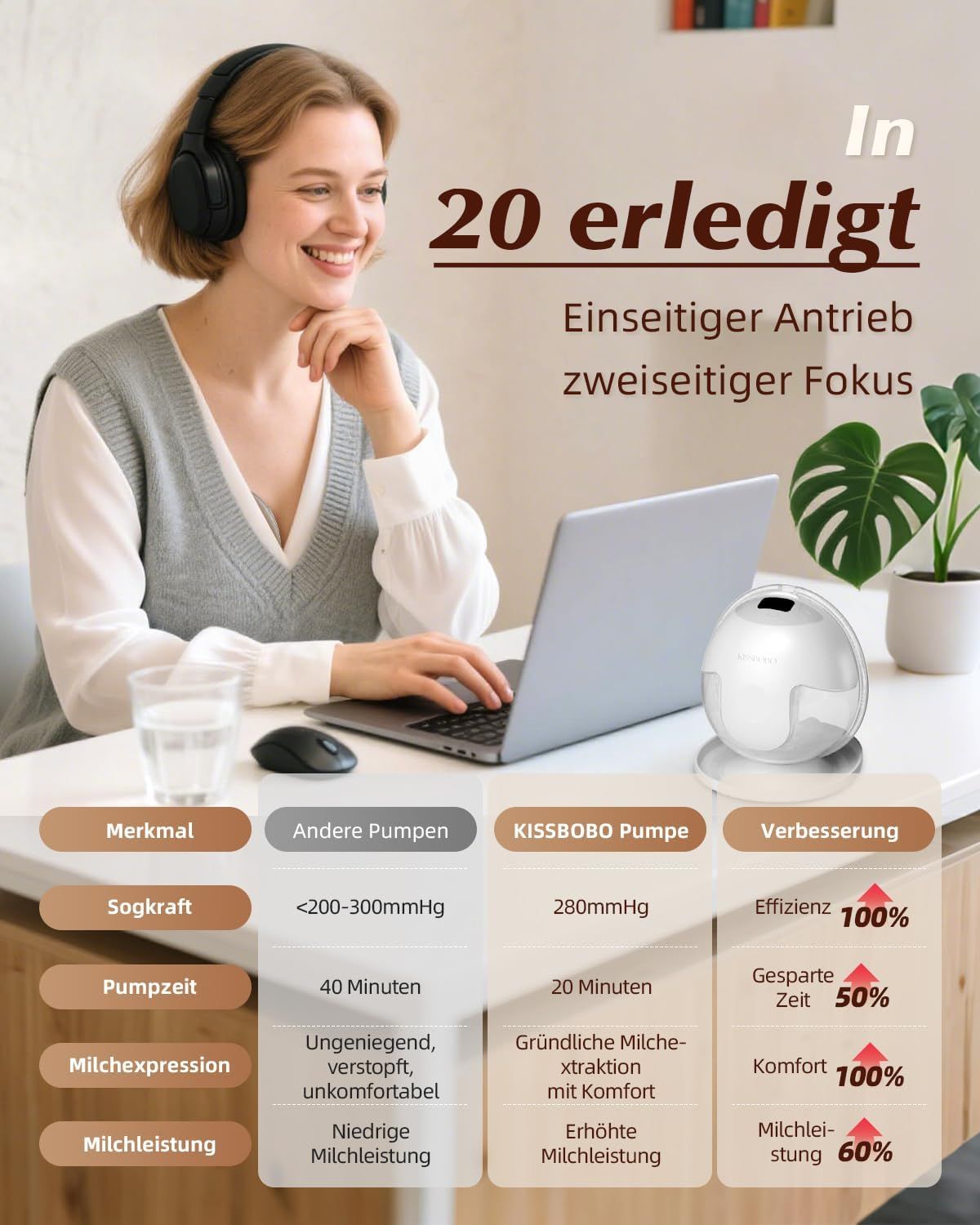 Femme travaillant sur un ordinateur portable, tire-lait KISSBOBO sur la table, tableau comparatif.