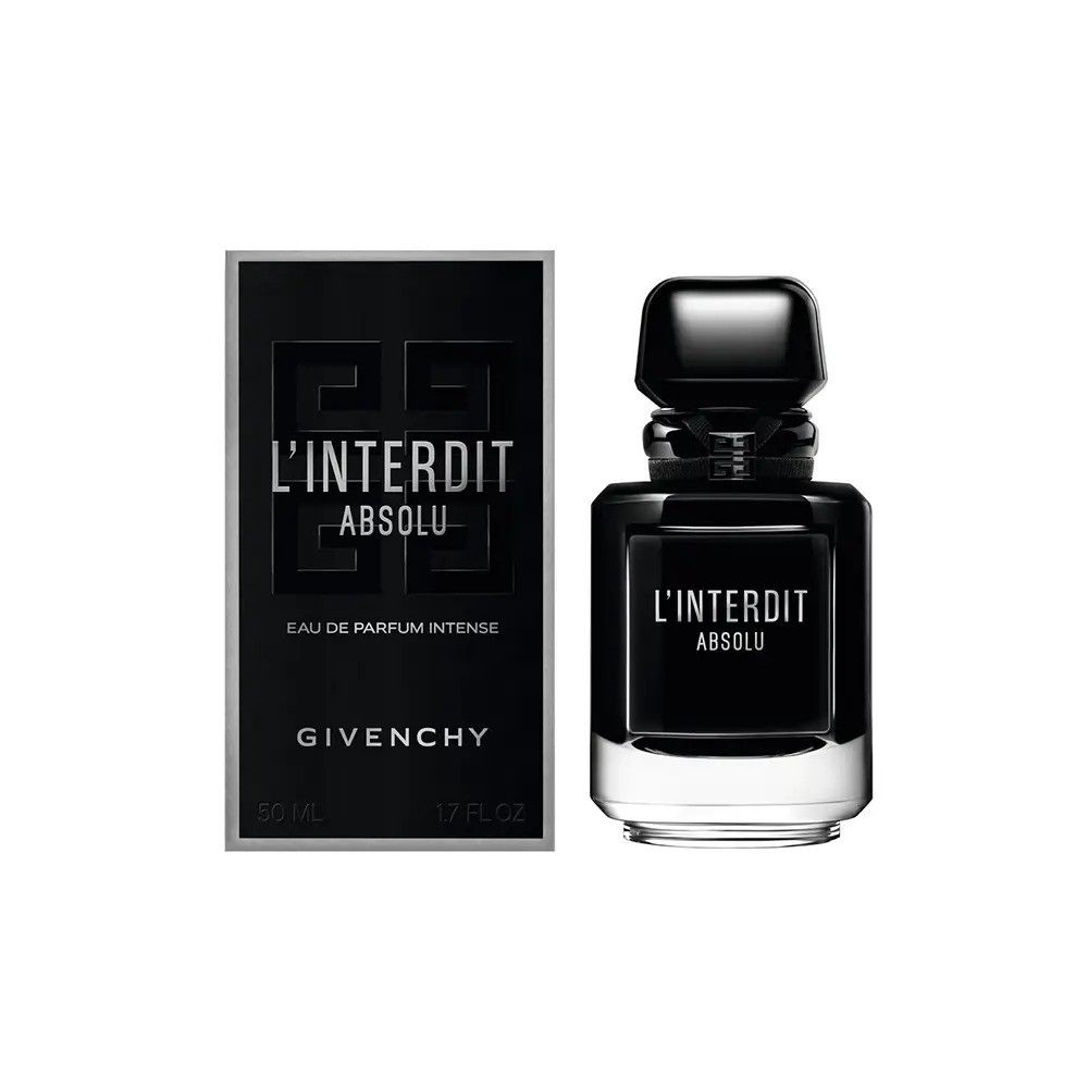 Zwarte flacon en verpakking. Opschrift L'Interdit Absolu, Eau de Parfum Intense, Givenchy. 50 ml. Rechthoekige vorm.