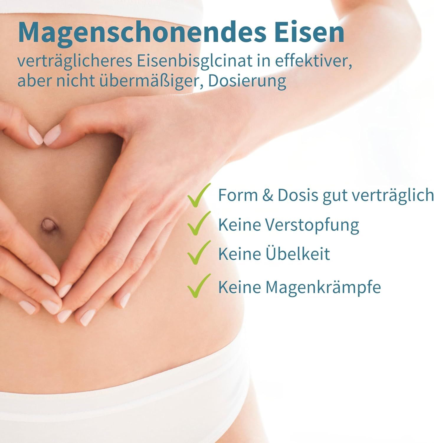 Vrouw met handen op de buik, die zacht ijzer voor de maag benadrukt.