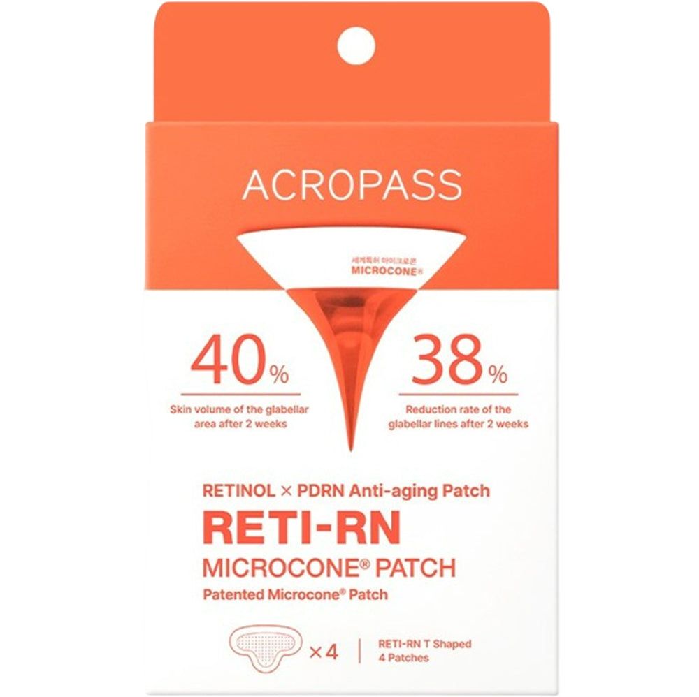 Verpakking van ACROPASS Reti-Rn Mikrokegel-Pflaster T-Shape. Opschriften: ACROPASS, RETI-RN, Microcone Patch, 40%, 38%, 4 patches.