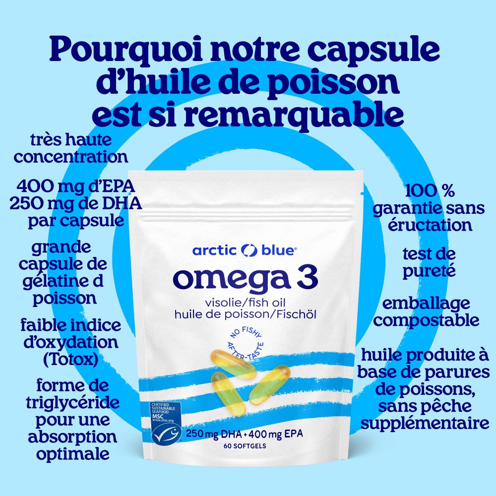 Dos de l'emballage Arctic Blue Oméga 3 huile de poisson avec informations détaillées.