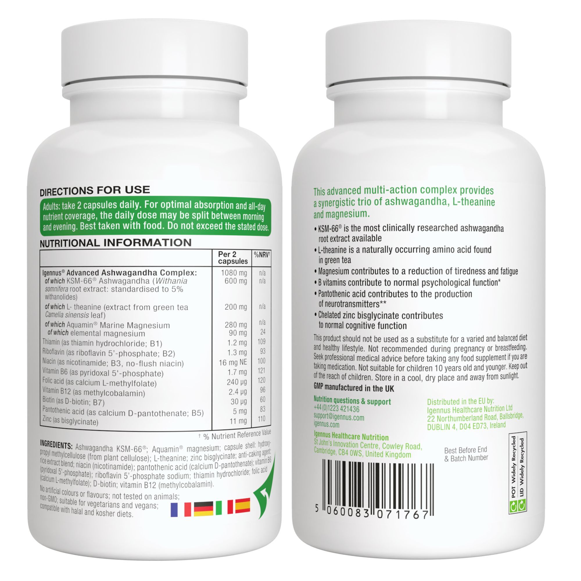 Avant et arrière du pot Igennus Ashwagandha avec informations nutritionnelles.