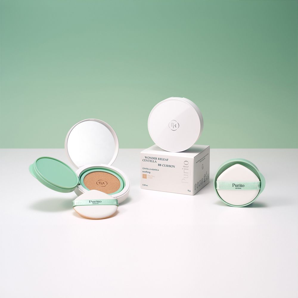 Meerdere PURITO Centella BB Cushion-verpakkingen, open en dicht, met sponzen en doos.