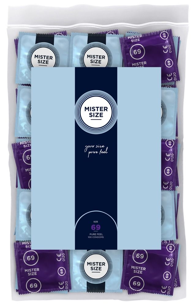 Sachet de préservatifs. Emballages individuels bleus et violets. Inscription : Mister Size, 69. 100 préservatifs.